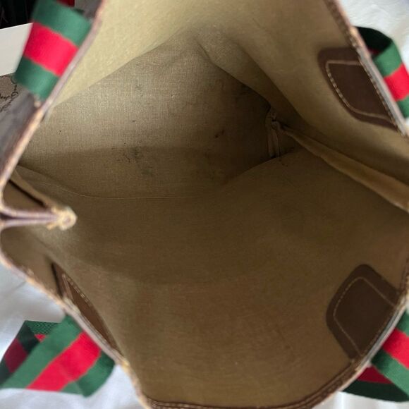 Vintage Gucci Sherry Line GUCCI GG Plus Tote Bag Leather Brown Beige Red Green - Picture 9 of 12